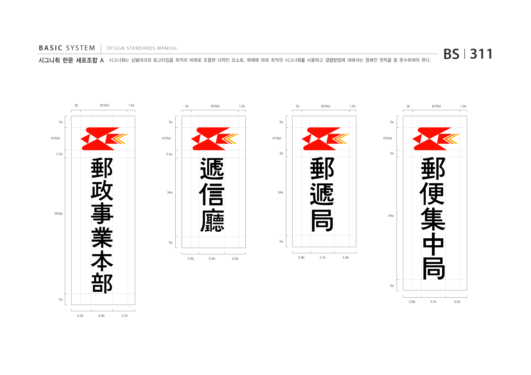 BASIC SYSTEM 시그니춰 한문 세로조합 A  DESIGN STANDARDS MANUAL  시그니춰는 심벌마크와 로고타입을 최적의 비례로 조합한 디자인 요소로, 매체에 따라 최적의 시그니춰를 사용하고 결합방법에 대해서는 정해진 원칙을 잘 준수하여야 한다.  BS I 311  2b  B(10b)  1.5b  2b  B(10b)  1.5b  2b  B(10b)  1.5b  2b  B(10b)  1.5b  5a  5a  5a  5a  A(10a)  A(10a)  A(10a)  A(10a)  3.3a  3.5a  3a  3a  34a  34a  59.8a  54a  5a  5a  3.6b  5.4b  4.5b  3.8b  5.1b  4.6b  5a  5a  3.8b  5.1b  4.6b  4.2b  4.6b  4.7b